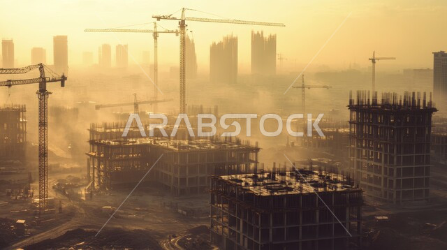 الآلات والمعدات الثقيلة والرافعات والسقالات العالية, مبنى قيد الانشاء في المملكة العربية السعودية, مفهوم الهندسة الانشائية والمعمارية, أعمال البناء وصب الخرسانات ووضع الأساسات, تنفيذ مخطط الإعمار وتشكيل الهيكل المعدني, برج تحت التشييد باستخدام الآليات الحديثة