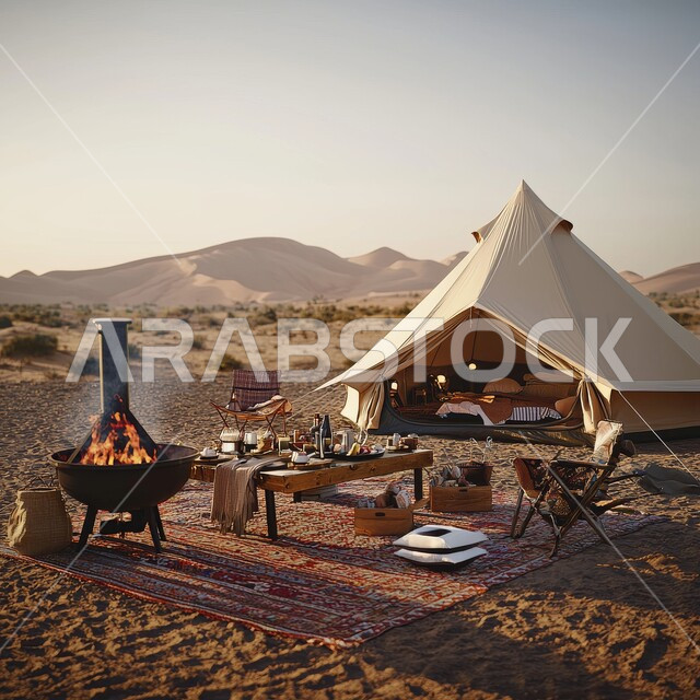 الأجواء الشتوية الهادئة, خيمة بدوية شعبية وسط الصحراء، التضاريس والرمال الذهبية الناعمة وقت غروب الشمس، مخيمات سياحية في المناطق البرية، كشتة و جلسة بر شبابية، التخييم في صحاري السعودية، أماكن رحلات السفاري