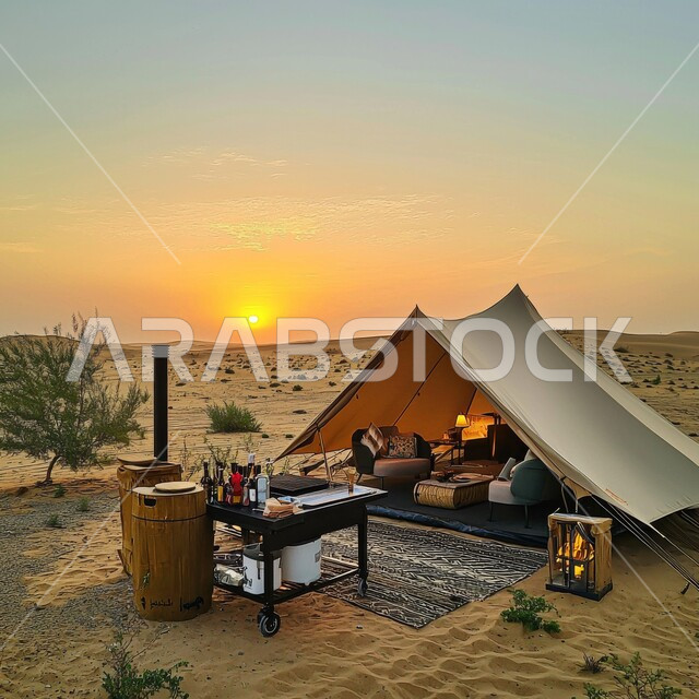 الأجواء الشتوية الهادئة, خيمة بدوية شعبية وسط الصحراء، التضاريس والرمال الذهبية الناعمة وقت غروب الشمس، مخيمات سياحية في المناطق البرية، كشتة و جلسة بر شبابية، التخييم في صحاري السعودية، أماكن رحلات السفاري