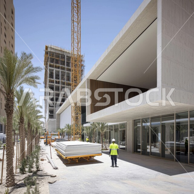 Implementation of the reconstruction plan and formation of the metal structure, a modern building under construction, urban expansion in the Kingdom of Saudi Arabia, an Arab Gulf Omani engineer supervising the work, the concept of structural and architectural engineering, construction cranes, pouring concrete and laying foundations
