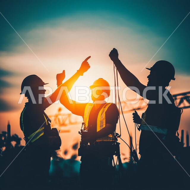 Engineering professions and jobs, work discussions and dialogues, working on a construction site, silhouette of a group of Saudi Arabian Gulf architects discussing a construction plan, wearing a helmet and work safety vest, checking and supervising work, Salolette