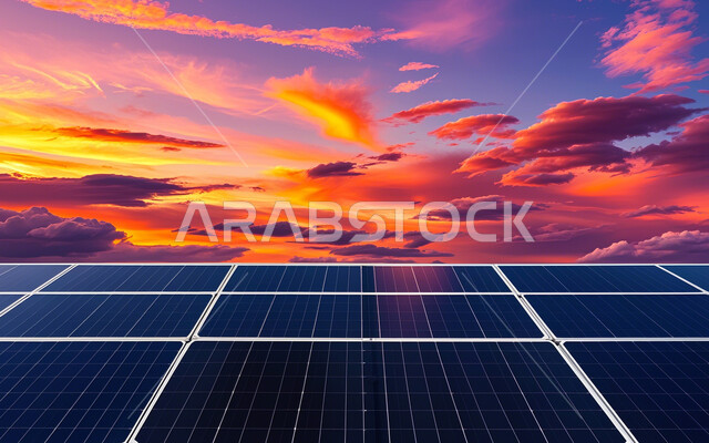  مفهوم انتاج الطاقة البديلة الصديقة للبيئة في المملكة العربية السعودية, صورة مقربة لألواح الطاقة الكهروضوئية وقت الغروب، محطات الطاقات الشمسية المتجددة، محطة لتوليد الطاقة الكهربائية، التنمية المستدامة الطبيعية، تحقيق الاستفادة الآمنة من أشعة الشمس، منظر السماء الممتلئة بالغيوم