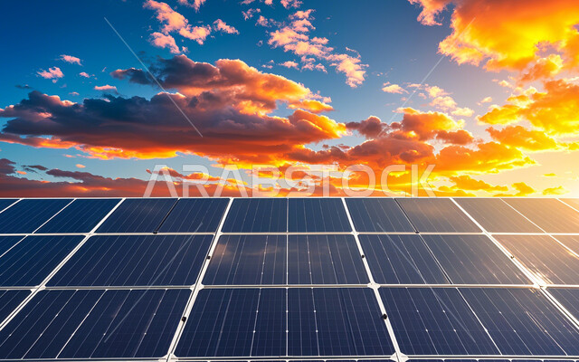  مفهوم انتاج الطاقة البديلة الصديقة للبيئة في المملكة العربية السعودية, صورة مقربة لألواح الطاقة الكهروضوئية وقت الغروب، محطات الطاقات الشمسية المتجددة، محطة لتوليد الطاقة الكهربائية، التنمية المستدامة الطبيعية، تحقيق الاستفادة الآمنة من أشعة الشمس، منظر السماء الممتلئة بالغيوم