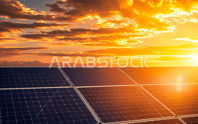  مفهوم انتاج الطاقة البديلة الصديقة للبيئة في المملكة العربية السعودية, صورة مقربة لألواح الطاقة الكهروضوئية وقت الغروب، محطات الطاقات الشمسية المتجددة، محطة لتوليد الطاقة الكهربائية، التنمية المستدامة الطبيعية، تحقيق الاستفادة الآمنة من أشعة الشمس، منظر السماء الممتلئة بالغيوم