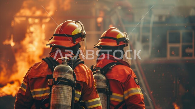 محاولة إنقاذ الأرواح داخل الحريق, مهن ووظائف سعودية, مفهوم الشجاعة والتفاني ,صورة من الخلف لرجال الإطفاء يرتدون زي الحماية يقومون بمقاومة النار, إخماد الحرائق الضخمة, الدفاع المدني والحماية المدنية