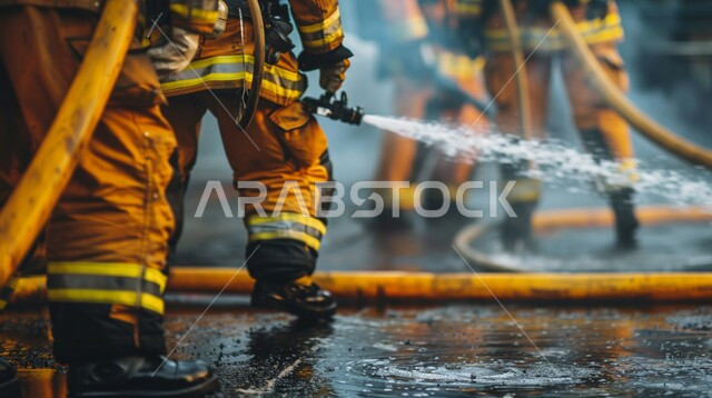 محاولة إنقاذ الأرواح داخل الحريق, مهن ووظائف سعودية, مفهوم الشجاعة والتفاني ,صورة من الخلف لرجال الإطفاء يرتدون زي الحماية يقومون بمقاومة النار, إخماد الحرائق الضخمة, الدفاع المدني والحماية المدنية