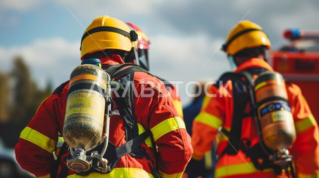 Attempting to save lives in a fire, Saudi jobs and professions, the concept of courage and dedication, a close-up photo from the back of Saudi Gulf Arab firefighters wearing protective clothing carrying an extinguisher on their backs, putting out huge fires, civil defense and civil protection