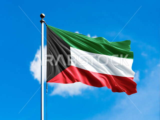 أعياد ومناسبات وطنية، الاحتفال بالعيد الوطني الكويتي 25 فبراير, حب الوطن والانتماء إليه، صورة مقربة لعلم دولة الكويت يرفرف عاليا في سماء الوطن، إظهار مشاعر الفخر بالهوية الكويتية، خلفية السماء الزرقاء الممتلئة بالغيوم