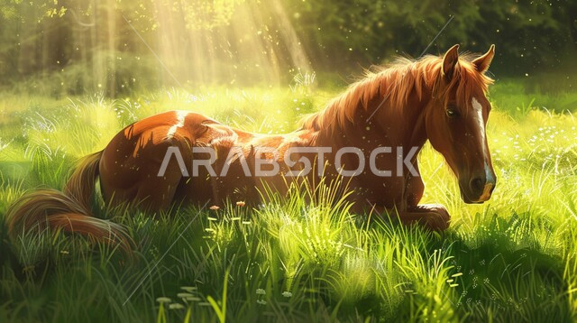 Horse breeding concept, close up side view of brown purebred Arabian horse moving in orchard, horse stable, mare farm in saudi arabia, lush green meadows