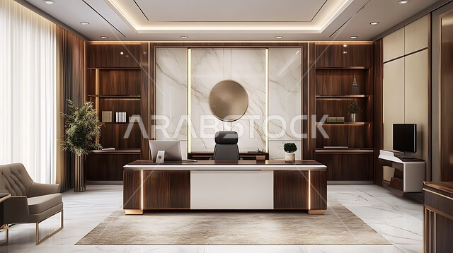 Modern designs for corporate offices in Saudi Arabia, reading and sitting room, luxurious interior decorations, an office with a sophisticated and distinctive decor in a modern style, modern office equipment and elegant and comfortable furniture