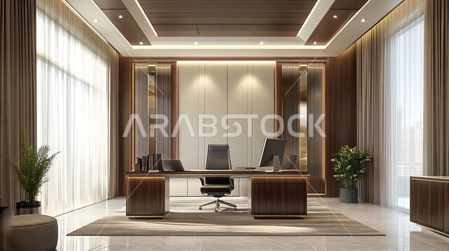 Modern designs for corporate offices in Saudi Arabia, reading and sitting room, luxurious interior decorations, an office with a sophisticated and distinctive decor in a modern style, modern office equipment and elegant and comfortable furniture