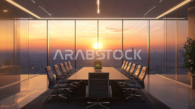 Office rooms with luxurious interior designs and decorations, a spacious meeting room with a table surrounded by chairs, the modern design of offices in Saudi companies, windows and glass facades, an external view of the sunset