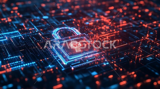 Communication lines and computer programming, the concept of cyber security and information preservation, 3D holographic screen background for security lock, algorithms and luminous symbols of modern technology and technology