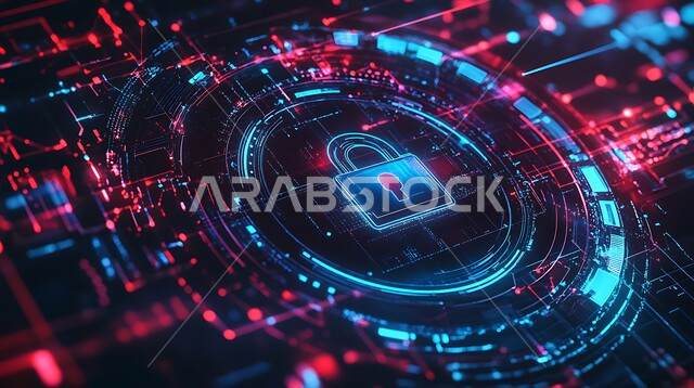 خطوط الاتصال و البرمجة الحاسوبية، مفهوم الامن السيبراني والحفاظ على المعلومات، خلفية شاشات هولوجراميه ثلاثية الابعاد لقفل الأمان، الخوارزميات والرموز المضيئة للتقنيه والتكنولوجيا الحديثة