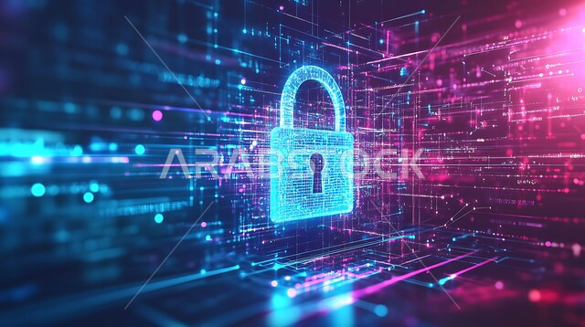 Communication lines and computer programming, the concept of cyber security and information preservation, 3D holographic screen background for security lock, algorithms and luminous symbols of modern technology and technology