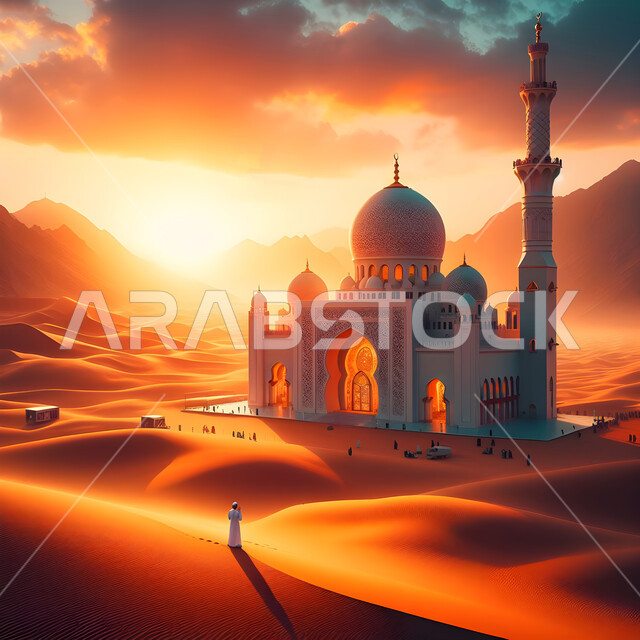 مجسم ثلاثي الابعاد لمسجد في صحراء المملكة العربية السعودية, ديكورات القبب والمآذن على الطراز العربي الإسلامي, نداء المسلمين لأداء الفرائض والصلوات, الفن الهندسي المعماري لبناء المساجد, مفهوم العبادة والتقرب إلى الله تعالى