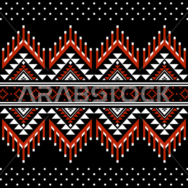 Popular designs for colorful, authentic Arabic inscriptions in the Kingdom of Saudi Arabia, the popular Saudi heritage of Sadu decoration with geometric shapes, traditional traditional art.