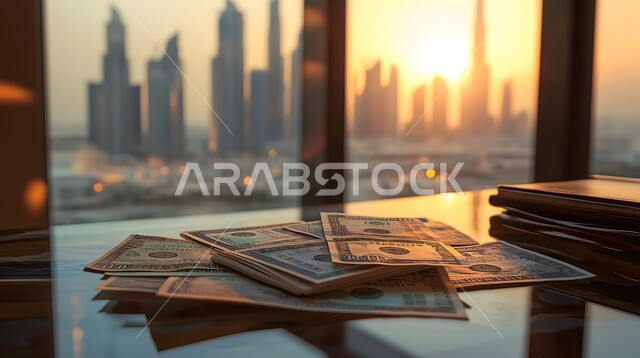 عدد من الأوراق المالية السعودية, صورة مقربة للعملات الورقة من فئة الخمسين والمئة والخمسمئة ريال على طاولة في مكتب, العملة الرسمية المتداولة في البيع والشراء, مجال الاستثمار والتمويل, الاقتصاد الوطني السعودي، الفن الهندسي المعماري لناطحات السحاب