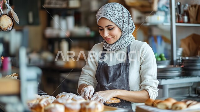 السلع والمواد الغذائية المختلفة، شراء الاحتياجات والمستلزمات المنزلية للمستهلك، شابة عربية سعودية خليجية محجبة مبتسمة ترتدي اليونيفورم الخاص بالعمل، الوقوف باستقامة بأيدي  متقاطعة والنظر الى الكاميرا بايماءات السعادة والسرور، قضاء وقت ممتع في المركز التجاري