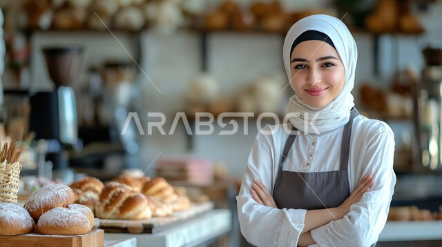 السلع والمواد الغذائية المختلفة، شراء الاحتياجات والمستلزمات المنزلية للمستهلك، شابة عربية سعودية خليجية محجبة مبتسمة ترتدي اليونيفورم الخاص بالعمل، الوقوف باستقامة بأيدي  متقاطعة والنظر الى الكاميرا بايماءات السعادة والسرور، قضاء وقت ممتع في المركز التجاري