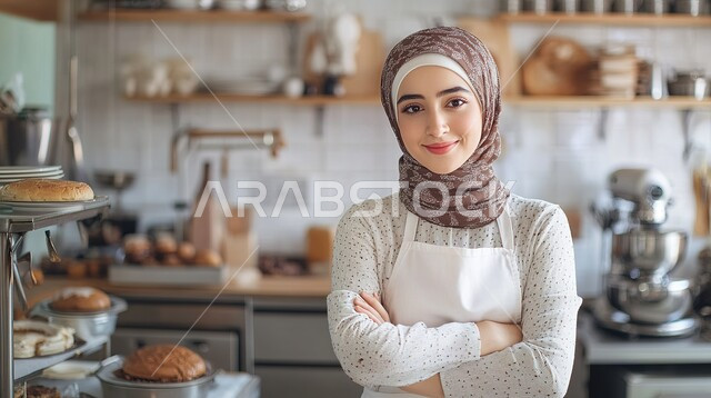 السلع والمواد الغذائية المختلفة، شراء الاحتياجات والمستلزمات المنزلية للمستهلك، شابة عربية سعودية خليجية محجبة مبتسمة ترتدي اليونيفورم الخاص بالعمل، الوقوف باستقامة بأيدي  متقاطعة والنظر الى الكاميرا بايماءات السعادة والسرور، قضاء وقت ممتع في المركز التجاري