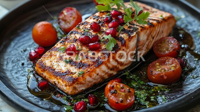 سمك السلمون المشوي مع الرمان والطماطم الكرزية, وجبة ذات قيمة غذائية عالية، فنون التقديم في مطاعم ومطابخ المملكة العربية السعودية، أطباق من المأكولات العربية التقليدية الشعبية، وصفات طعام شهية صحية ولذيذة