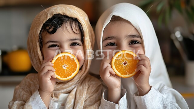 الفاكهة الموسمية الصيفية الطازجة في السعودية، المحاصيل الزراعية والمنتجات المحلية في المملكة، صورة مقربة لطفلتين عربيتين خليجيتين سعوديتين يحملان شرائح من البرتقال ويضعانها على اعينهن وينظران الى الكاميرا بايماءات السرور