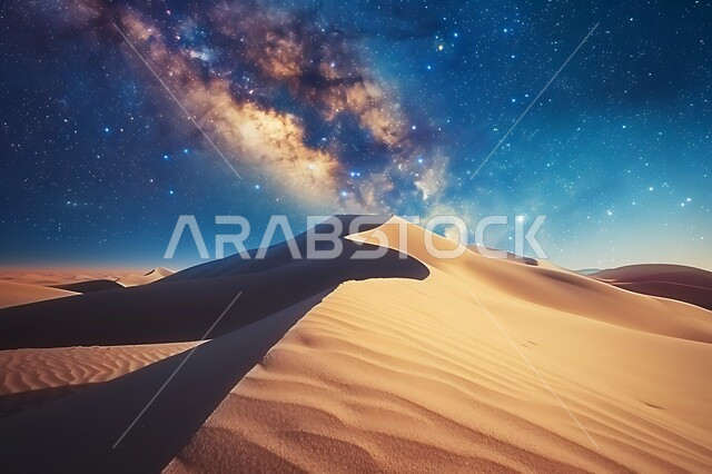 منظر لمجرة درب التبانة والنجوم اللامعة في سماء السعوديه, التضاريس والمرتفعات والكثبان الرملية في المملكة وقت الليل، الرمال الذهبية الناعمة، البيئة الصحراوية في الصحراء العربية، خلفية الطبيعة