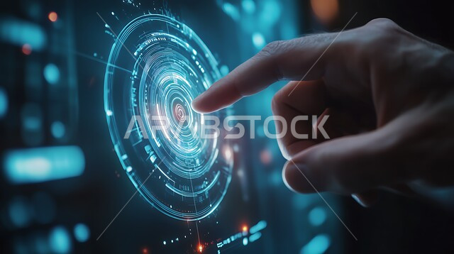 The concept of cybersecurity, the use of modern electronic technologies, a close-up image of a person’s hand touching the security lock icon, illuminated electronic screens, three-dimensional holographic elements and symbols, technological growth and progress