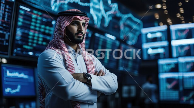عرض المخططات البيانية المالية, إدارة شؤون الأعمال وتنظيمها عبر الاجهزة التقنية، دمج العمل مع التكنولوجيا، مهن ووظائف مكتبية،رجل اعمال عربي خليجي سعودي يرتدي الزي التقليدي والشماغ  يعمل على الحاسوب المحمول, العمل في المجال الاقتصادي