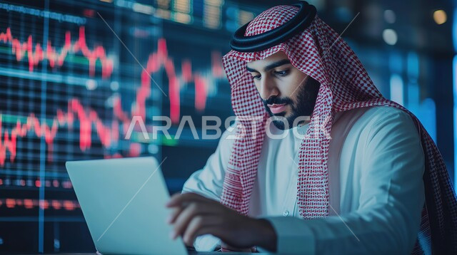 عرض المخططات البيانية المالية, إدارة شؤون الأعمال وتنظيمها عبر الاجهزة التقنية، دمج العمل مع التكنولوجيا، مهن ووظائف مكتبية،رجل اعمال عربي خليجي سعودي يرتدي الزي التقليدي والشماغ  يعمل على الحاسوب المحمول, العمل في المجال الاقتصادي