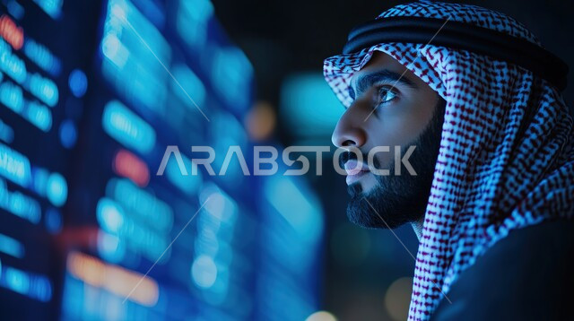 تداول العملة الرقمية، صورة مقربة من الجانب لرجل أعمال عربي خليجي سعودي يرتدي الشماغ الأحمر أمام الشاشة لمتابعة مخطط الرسم البياني للنمو الاقتصادي، إنجاز وتحقيق أهداف الشركة، دمج التكنولوجيا المتطورة في العمل