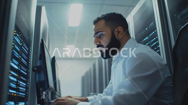 تداول العملة الرقمية، صورة مقربة من الجانب لرجل أعمال عربي خليجي سعودي يرتدي الشماغ الأحمر أمام الشاشة لمتابعة مخطط الرسم البياني للنمو الاقتصادي، إنجاز وتحقيق أهداف الشركة، دمج التكنولوجيا المتطورة في العمل