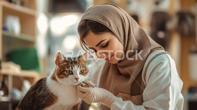 مفهوم الاهتمام والعناية بالحيوانات الاليفة، زيارة المراكز والعيادات البيطرية السعودية، صورة مقربة لطبيبة بيطرية عربية خليجي سعودية مبتسمة ترتدي الحجاب تقوم بملاعبة وملاطفة القطة الرمادية الصغيرة بايماءات الحب والحنان