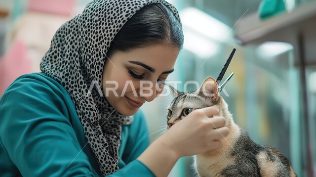 مفهوم الاهتمام والعناية بالحيوانات الاليفة، زيارة المراكز والعيادات البيطرية السعودية، صورة مقربة لطبيبة بيطرية عربية خليجي سعودية مبتسمة ترتدي الحجاب تقوم بملاعبة وملاطفة القطة الرمادية الصغيرة بايماءات الحب والحنان