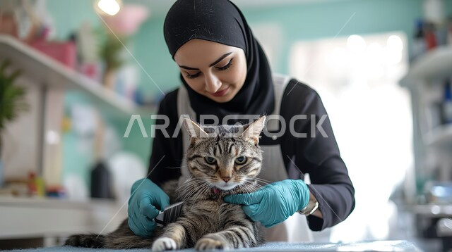 مفهوم الاهتمام والعناية بالحيوانات الاليفة، زيارة المراكز والعيادات البيطرية السعودية، صورة مقربة لطبيبة بيطرية عربية خليجي سعودية مبتسمة ترتدي الحجاب تقوم بملاعبة وملاطفة القطة الرمادية الصغيرة بايماءات الحب والحنان
