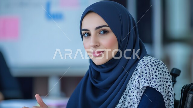 عمل المرأة في المجتمع, إقامة دورات تدريبية وتأهيلية للنساء, سيدة عربية خليجية سعودية ترتدي البدلة الرسمية تجلس على كرسي متحرك وتقوم بإلقاء محاضرة أمام المتدربات, محاضرات ودورات تعليمية في السعودية, مفهوم التمكين والتخطيط المؤسسي والإلهام 