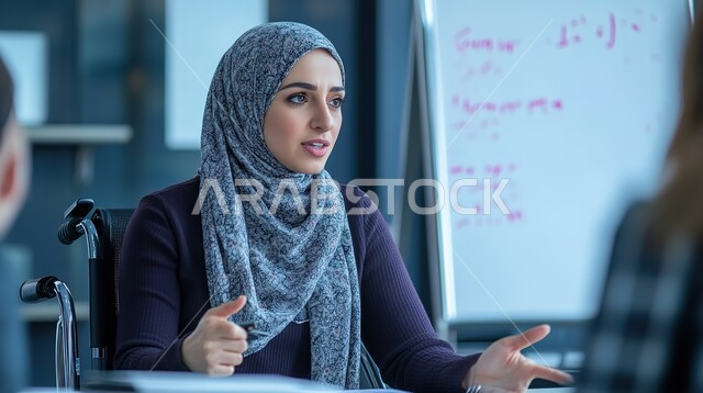 عمل المرأة في المجتمع, إقامة دورات تدريبية وتأهيلية للنساء, سيدة عربية خليجية سعودية ترتدي البدلة الرسمية تجلس على كرسي متحرك وتقوم بإلقاء محاضرة أمام المتدربات, محاضرات ودورات تعليمية في السعودية, مفهوم التمكين والتخطيط المؤسسي والإلهام 