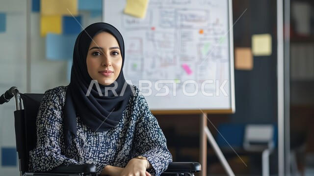 عمل المرأة في المجتمع, إقامة دورات تدريبية وتأهيلية للنساء, سيدة عربية خليجية سعودية ترتدي البدلة الرسمية تجلس على كرسي متحرك وتقوم بإلقاء محاضرة أمام المتدربات, محاضرات ودورات تعليمية في السعودية, مفهوم التمكين والتخطيط المؤسسي والإلهام 