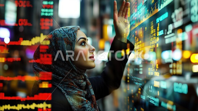 Looking at something with gestures of integration and concentration, Vision 2030, scientific and technological development in Saudi Arabia, use of modern technical devices, veiled Saudi Arabian Gulf girl trying to touch an electronic screen