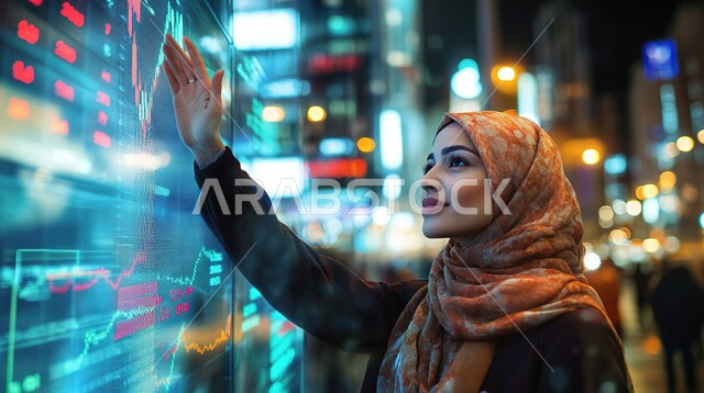 Looking at something with gestures of integration and concentration, Vision 2030, scientific and technological development in Saudi Arabia, use of modern technical devices, veiled Saudi Arabian Gulf girl trying to touch an electronic screen