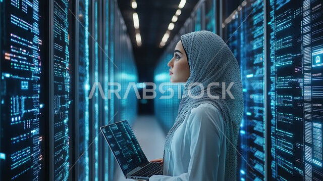 Working to achieve goals and strategies, office administrative professions and jobs, using modern and advanced technological devices, managing and organizing business affairs, a picture of a smiling Saudi Arabian Gulf woman working on the computer inside the office