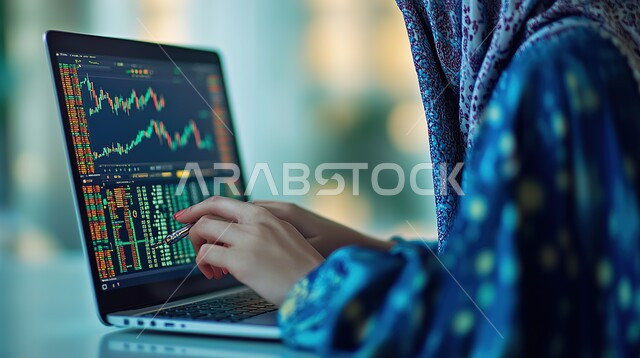 العمل لتحقيق الاهداف والاستراتيجيات، مهن ووظائف ادارية مكتبية, استخدام الأجهزة التكنولوجية الحديثة والمتطورة، إدارة شؤون الأعمال وتنظيمها، صورة لسيدة عربية خليجية سعودية مبتسمة تقوم بالعمل على الحاسوب داخل المكتب