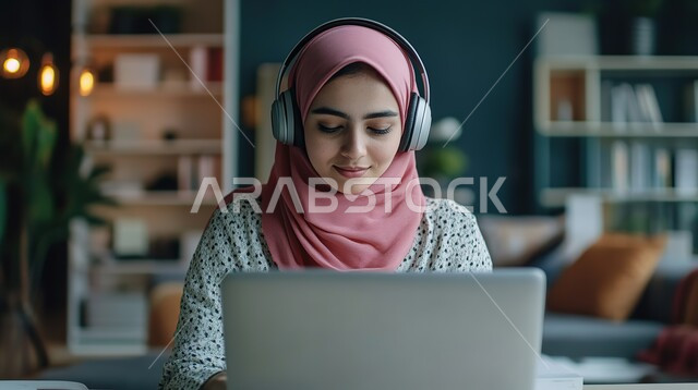 الرد على الاستعلامات والاستفسارات وخدمة العملاء، مهن ووظائف إدارية سعودية, استخدام التقنيات الحديثة والمتطورة بالأعمال المكتبية، صورة مقربة لموظفة عربية خليجية سعودية محجبة ترتدي الزي الكاجوال تجلس في مكتب أمام الحاسوب المحمول وتقوم بإجراء اتصال هاتفي