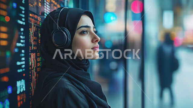 الرد على الاستعلامات والاستفسارات وخدمة العملاء، مهن ووظائف إدارية سعودية, استخدام التقنيات الحديثة والمتطورة بالأعمال المكتبية، صورة مقربة لموظفة عربية خليجية سعودية محجبة ترتدي الزي الكاجوال تجلس في مكتب أمام الحاسوب المحمول وتقوم بإجراء اتصال هاتفي