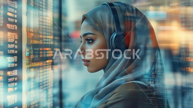 الرد على الاستعلامات والاستفسارات وخدمة العملاء، مهن ووظائف إدارية سعودية, استخدام التقنيات الحديثة والمتطورة بالأعمال المكتبية، صورة مقربة لموظفة عربية خليجية سعودية محجبة ترتدي الزي الكاجوال تجلس في مكتب أمام الحاسوب المحمول وتقوم بإجراء اتصال هاتفي