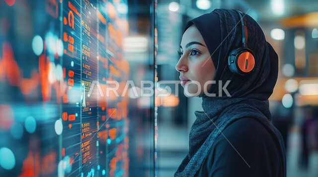 الرد على الاستعلامات والاستفسارات وخدمة العملاء، مهن ووظائف إدارية سعودية, استخدام التقنيات الحديثة والمتطورة بالأعمال المكتبية، صورة مقربة لموظفة عربية خليجية سعودية محجبة ترتدي الزي الكاجوال تجلس في مكتب أمام الحاسوب المحمول وتقوم بإجراء اتصال هاتفي