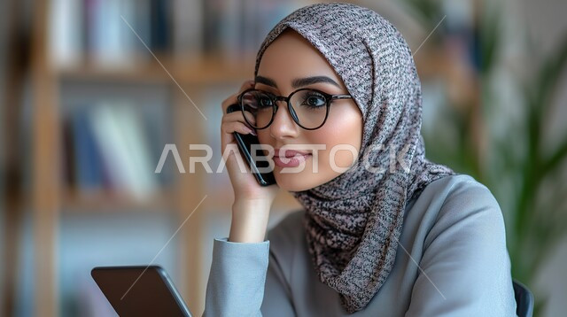 استخدام التقنيات الحديثة والمتطورة، صورة مقربة لشابة عربية خليجية سعودية محجبة مبتسمة تقف أمام شاشة مضيئة ومحاولة النقر عليها، التكنولوجيا وتحقيق الثروة الصناعية، النمو الالكتروني والتطور التكنولوجي