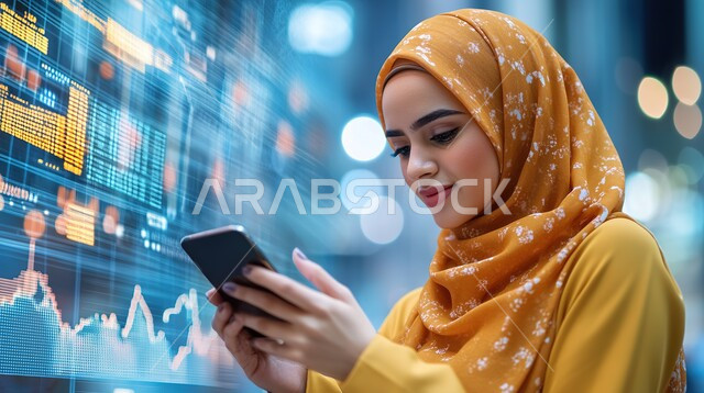 استخدام التقنيات الحديثة والمتطورة، صورة مقربة لشابة عربية خليجية سعودية محجبة مبتسمة تقف أمام شاشة مضيئة ومحاولة النقر عليها، التكنولوجيا وتحقيق الثروة الصناعية، النمو الالكتروني والتطور التكنولوجي