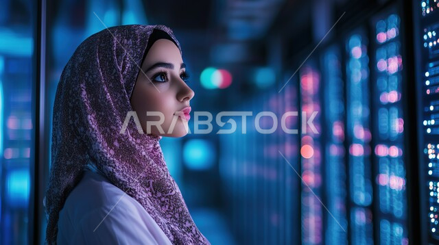 Using modern and advanced technologies, a close-up image of a smiling veiled Saudi Arabian Gulf young woman standing in front of a bright screen and trying to click on it, technology and achieving industrial wealth, electronic growth and technological development